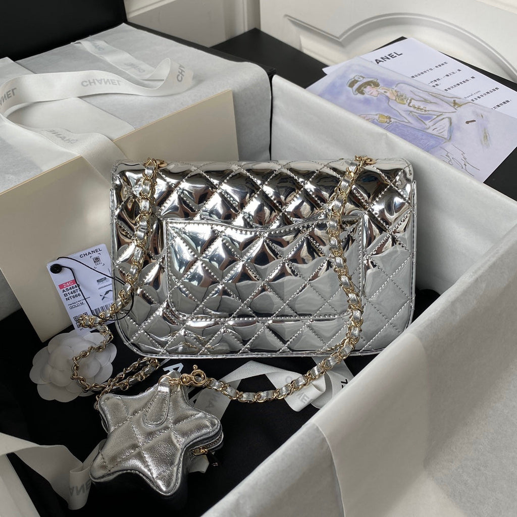 Chanel Flap bag star coin purse AS4648 Mirror calfskin Silver