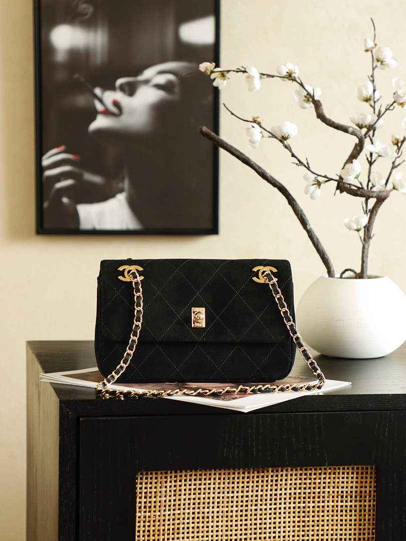 Chanel Flap bag, Suede Calfskin & Gold Metal, AS6417 Black