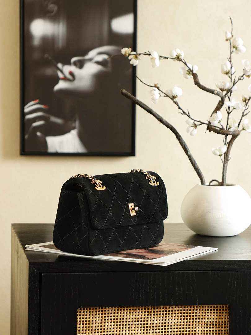 Chanel Flap bag, Suede Calfskin & Gold Metal, AS6417 Black