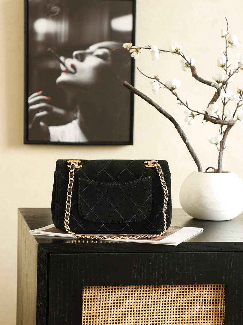 Chanel Flap bag, Suede Calfskin & Gold Metal, AS6417 Black