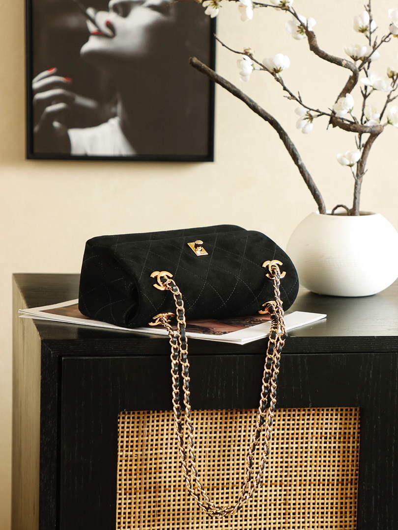 Chanel Flap bag, Suede Calfskin & Gold Metal, AS6417 Black