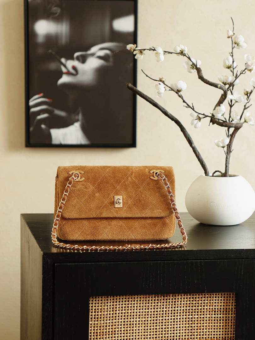 Chanel Flap bag, Suede Calfskin & Gold Metal, AS6417 Brown
