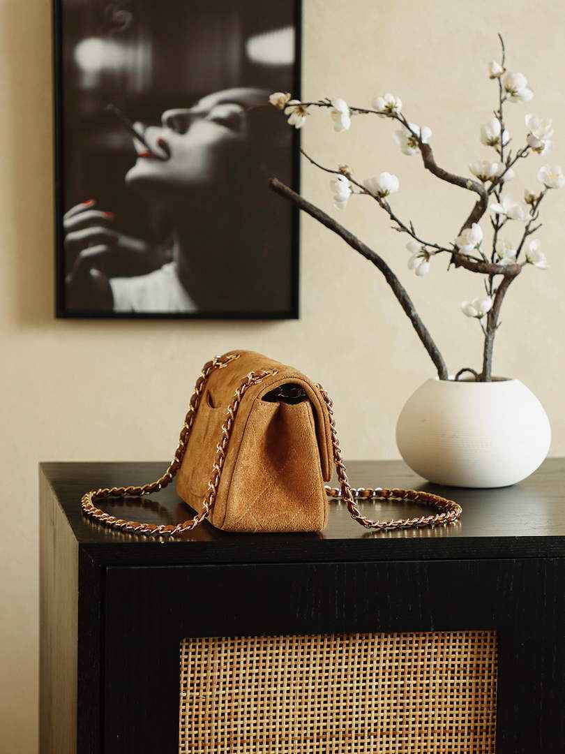 Chanel Flap bag, Suede Calfskin & Gold Metal, AS6417 Brown