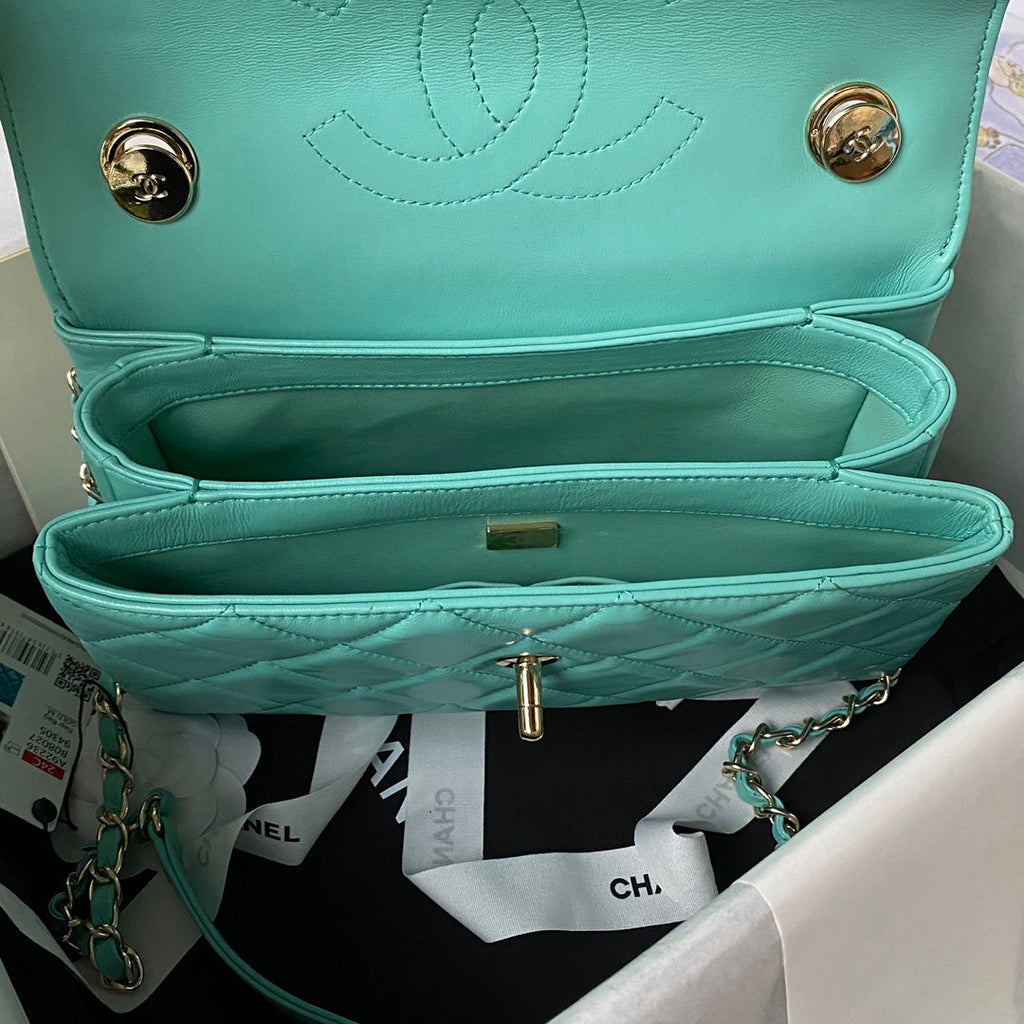 Chanel Flap bag with top handle A92236 Blue Lambskin