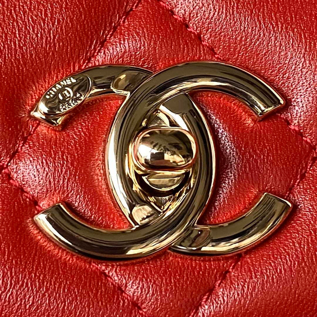 Chanel Flap bag with top handle A92236 Orange Red Lambskin