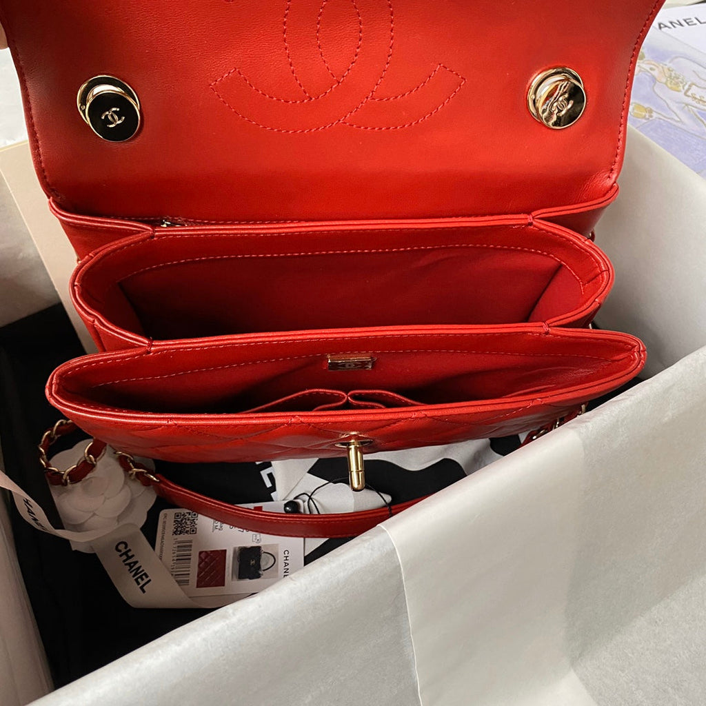 Chanel Flap bag with top handle A92236 Orange Red Lambskin