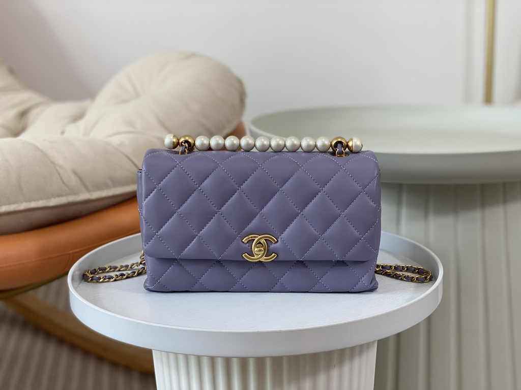 Chanel small flap bag with top handle AS5002, Purple shiny lambskin