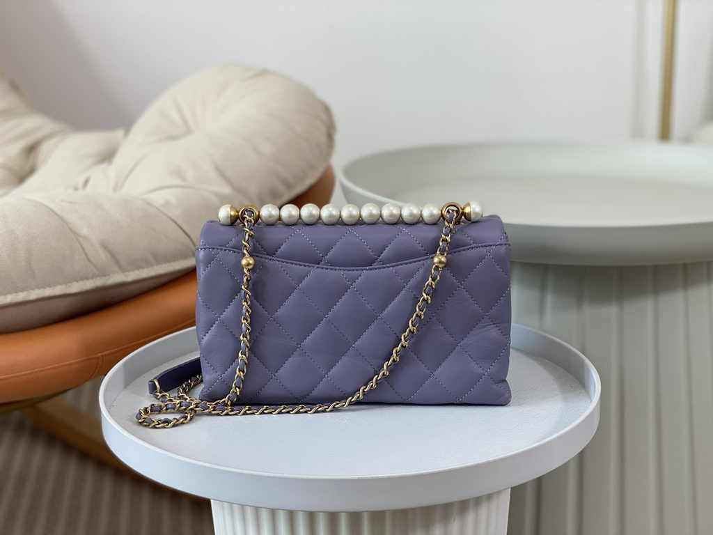 Chanel small flap bag with top handle AS5002, Purple shiny lambskin