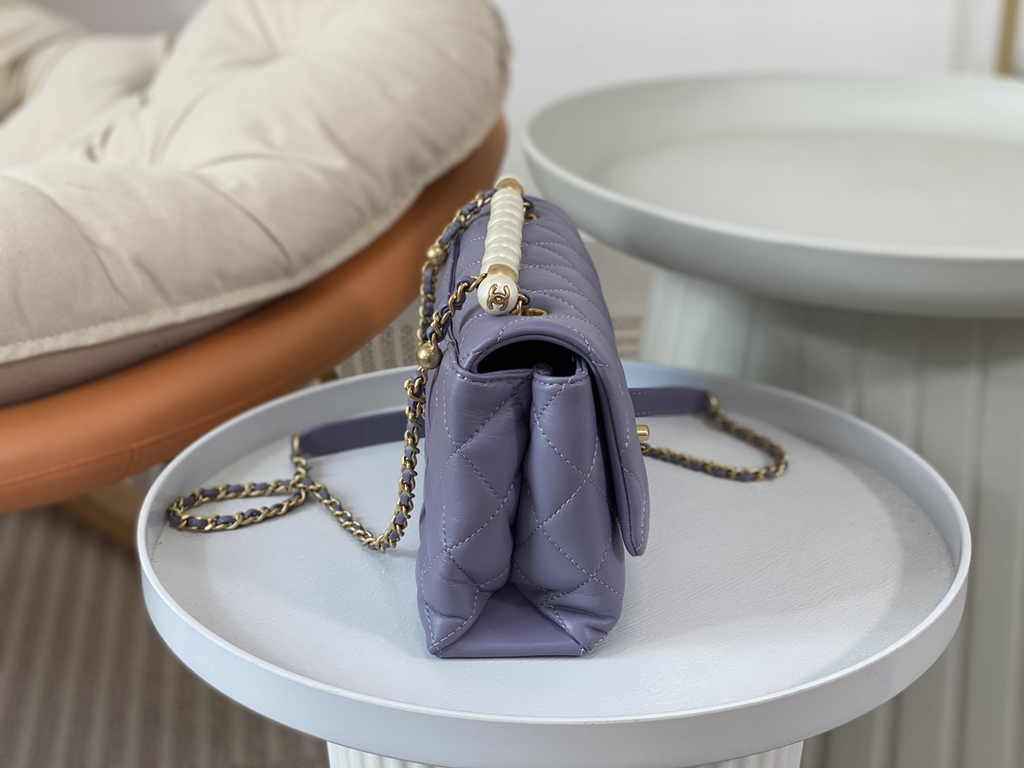 Chanel small flap bag with top handle AS5002, Purple shiny lambskin