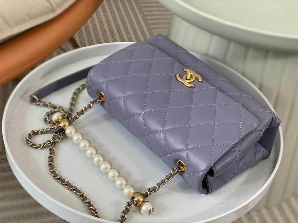 Chanel small flap bag with top handle AS5002, Purple shiny lambskin