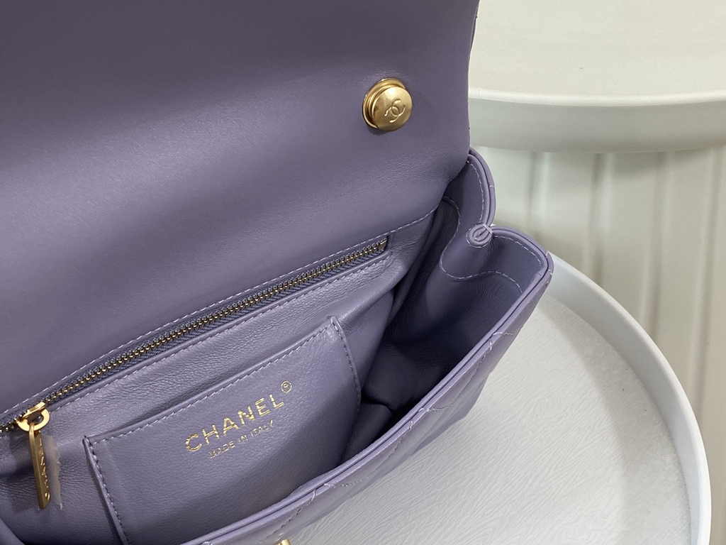 Chanel small flap bag with top handle AS5002, Purple shiny lambskin
