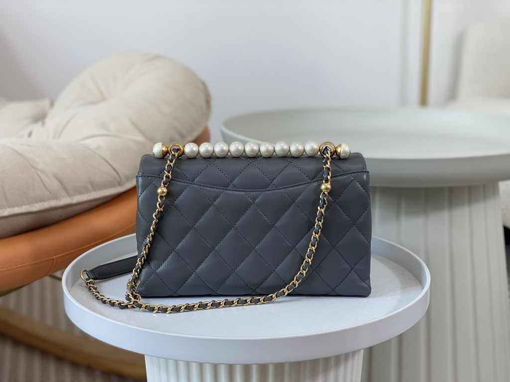 Chanel small flap bag with top handle AS5002, Gray shiny lambskin