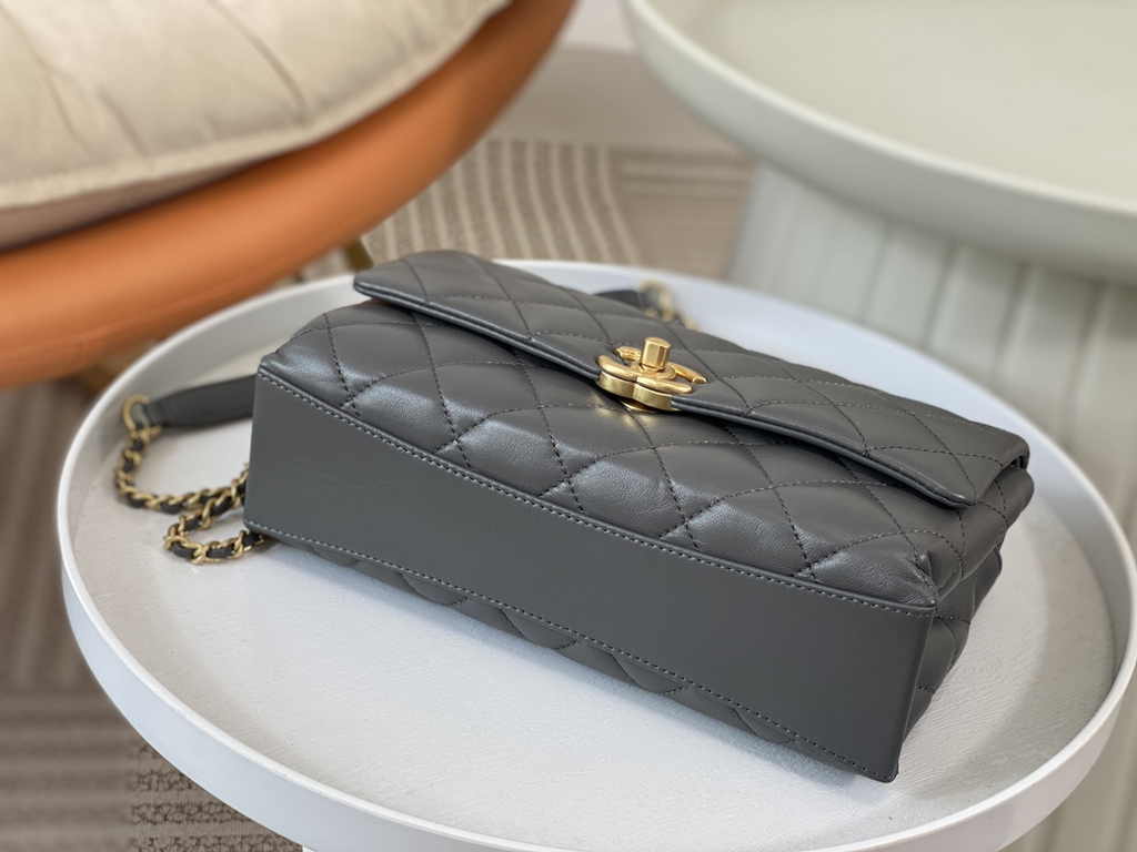 Chanel small flap bag with top handle AS5002, Gray shiny lambskin