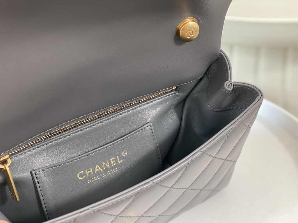 Chanel small flap bag with top handle AS5002, Gray shiny lambskin