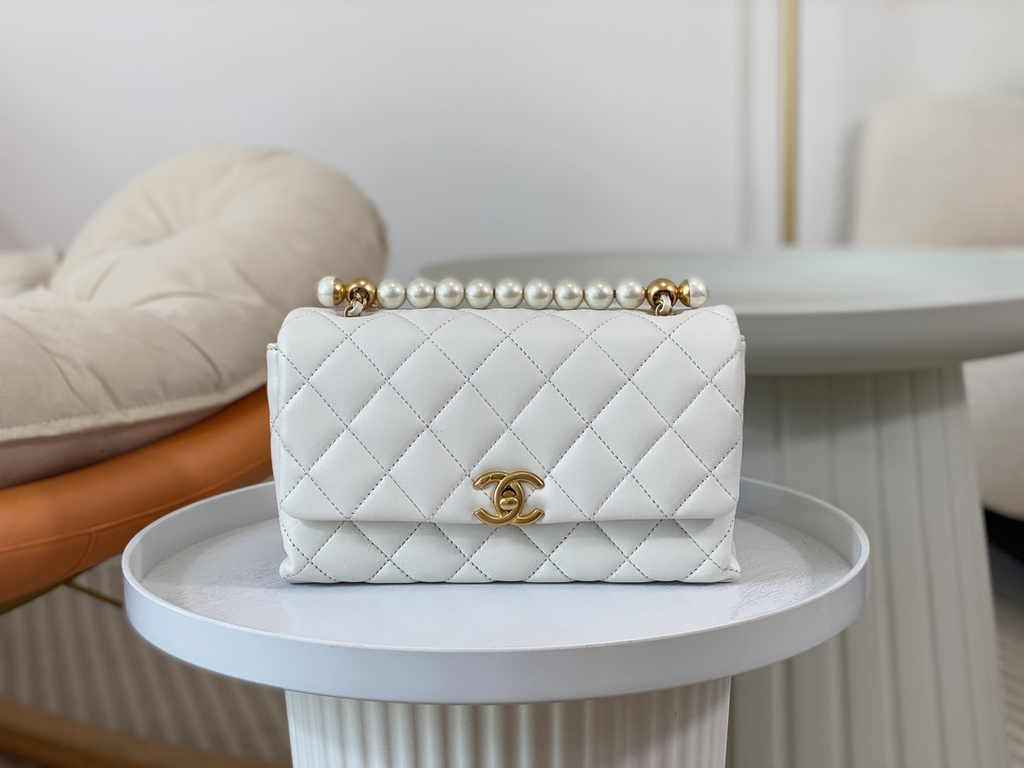Chanel small flap bag with top handle AS5002, White shiny lambskin