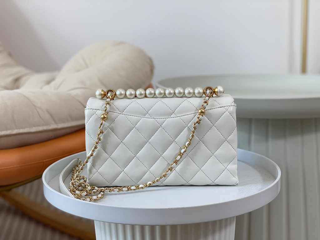 Chanel small flap bag with top handle AS5002, White shiny lambskin