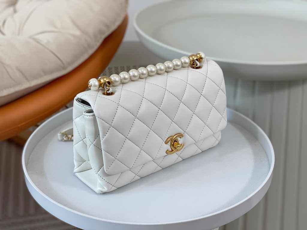Chanel small flap bag with top handle AS5002, White shiny lambskin