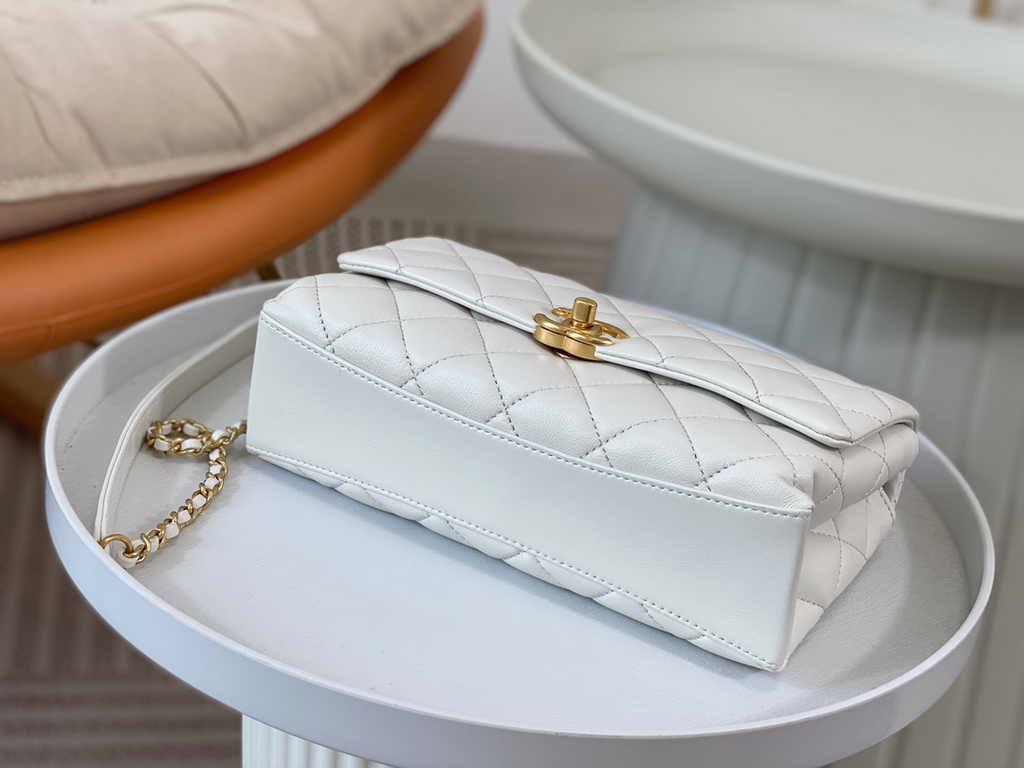 Chanel small flap bag with top handle AS5002, White shiny lambskin