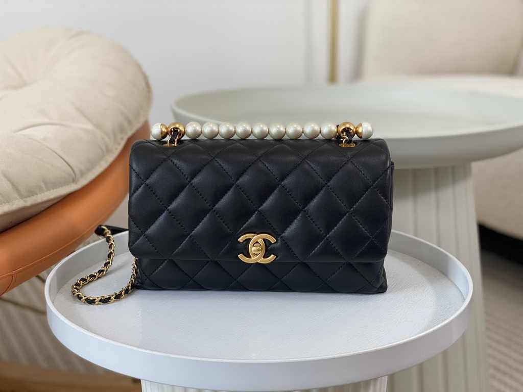 Chanel small flap bag with top handle AS5002, Black shiny lambskin