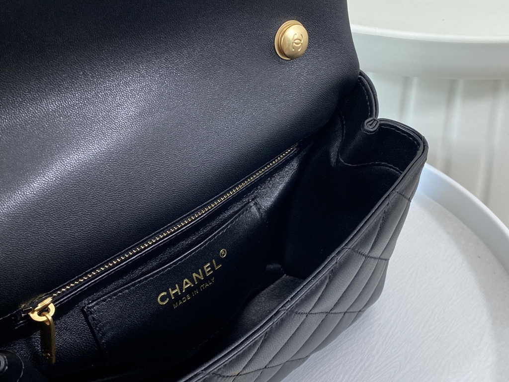 Chanel small flap bag with top handle AS5002, Black shiny lambskin