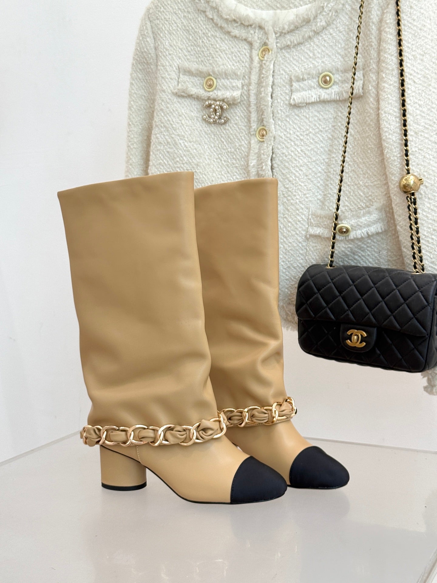 Chanel High boots - Lambskin & grosgrain, G46677 apricot