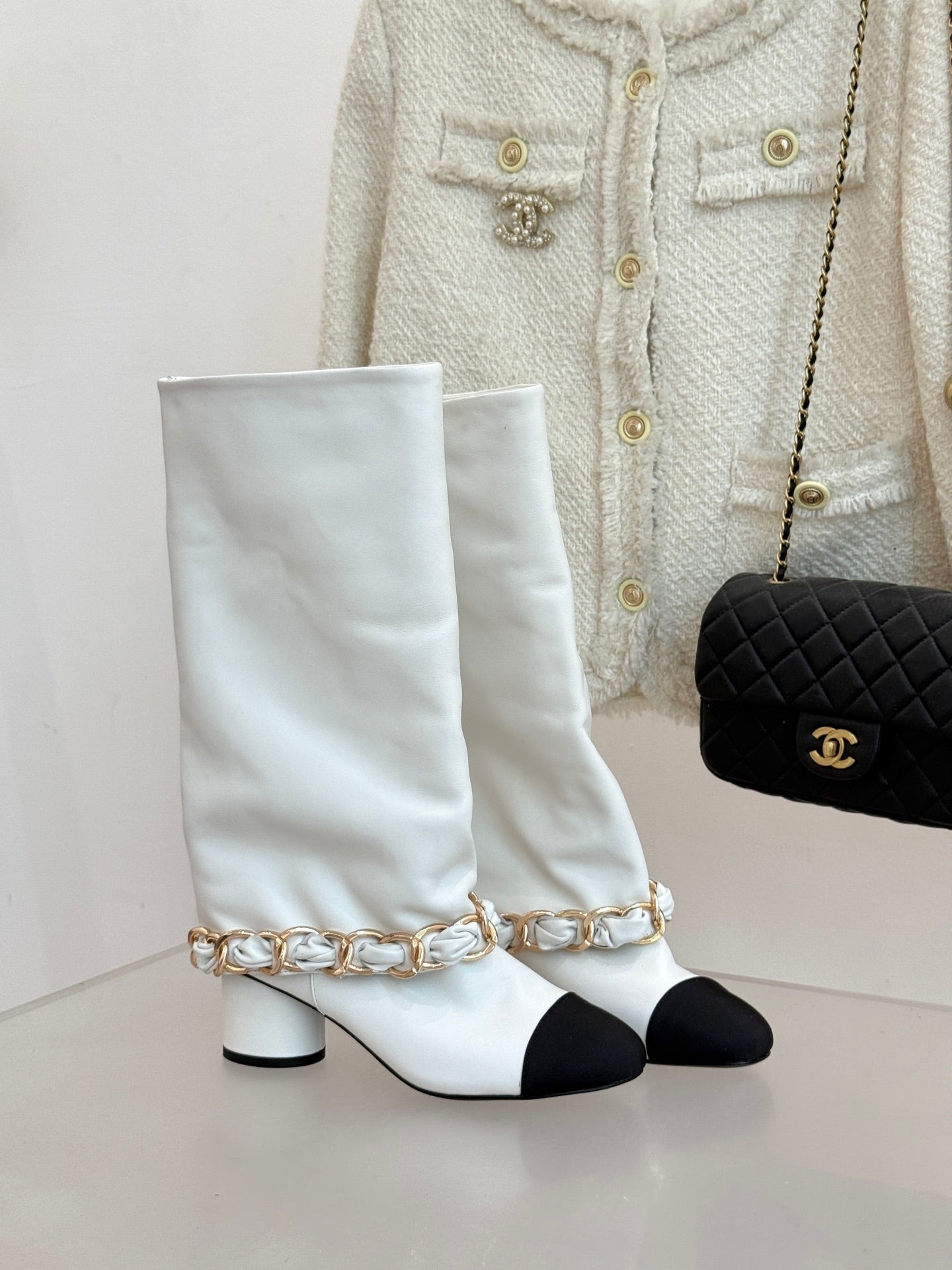 Chanel High boots - Lambskin & grosgrain, G46677 white