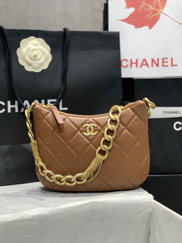 Chanel Hobo handbag Lambskin gold-tone metal tan AS4220