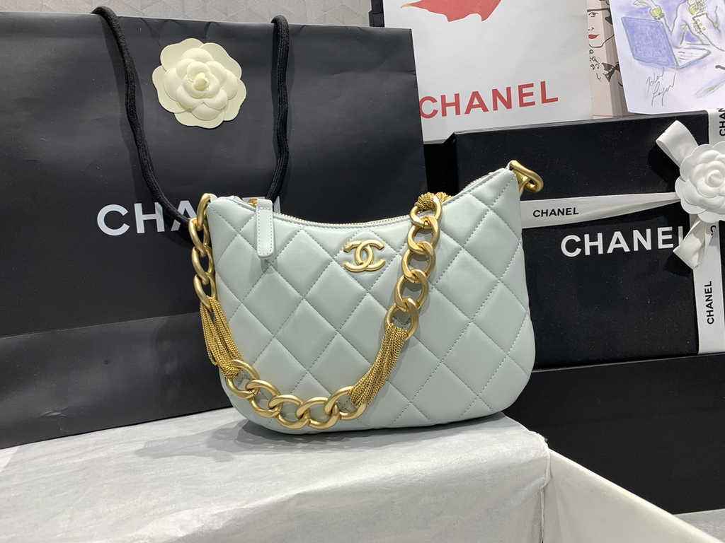 Chanel Hobo handbag Lambskin gold-tone metal light blue AS4220