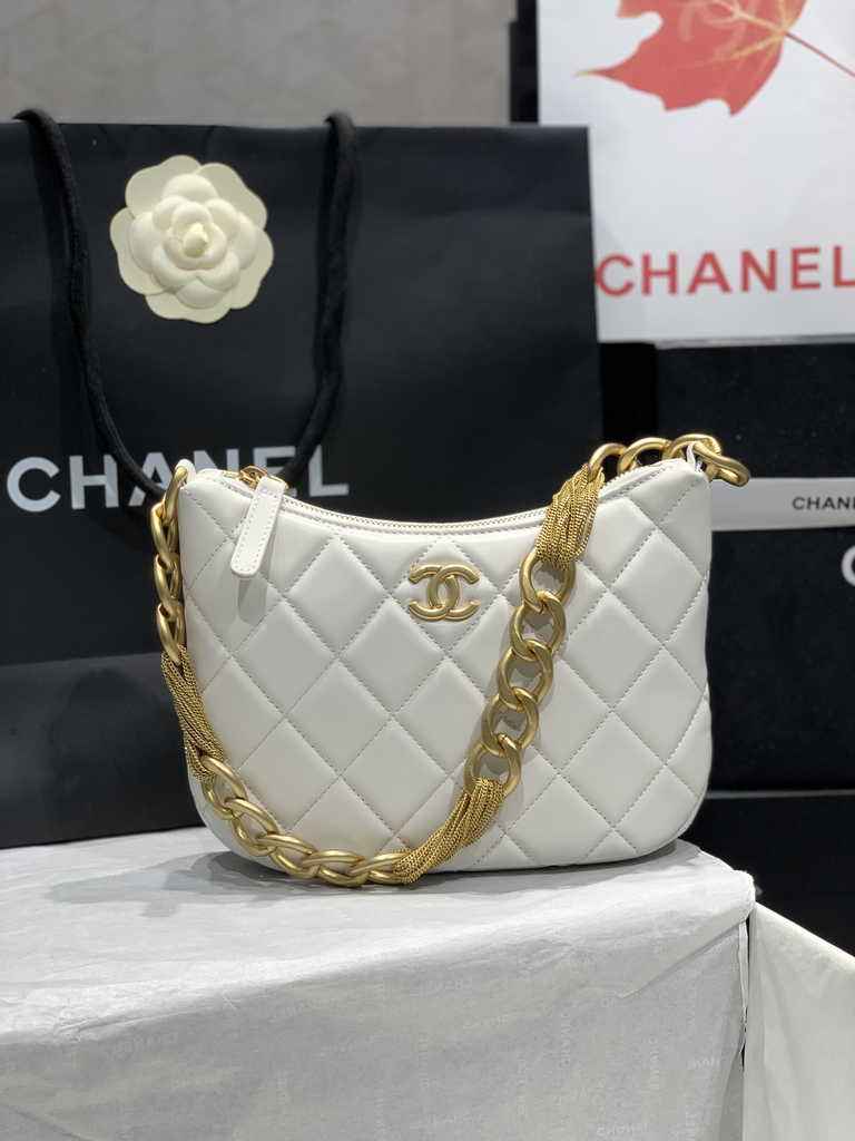 Chanel Hobo handbag Lambskin gold-tone metal white AS4220