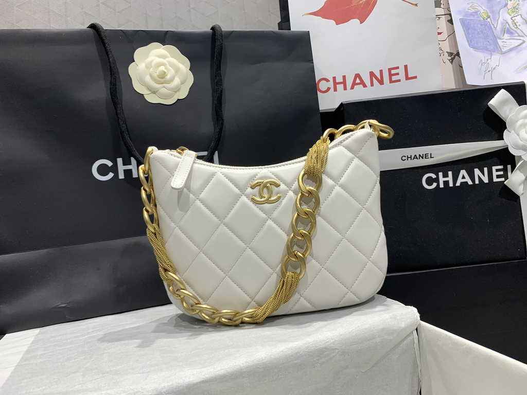 Chanel Hobo handbag Lambskin gold-tone metal white AS4220
