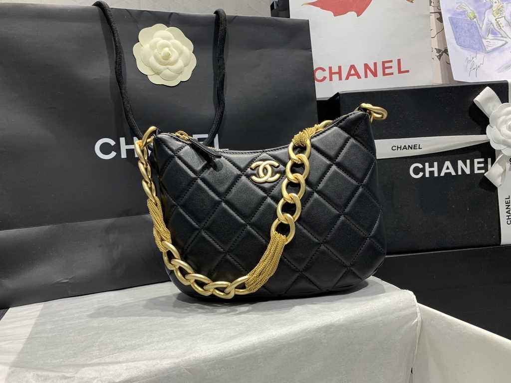 Chanel Hobo handbag Lambskin gold-tone metal black AS4220