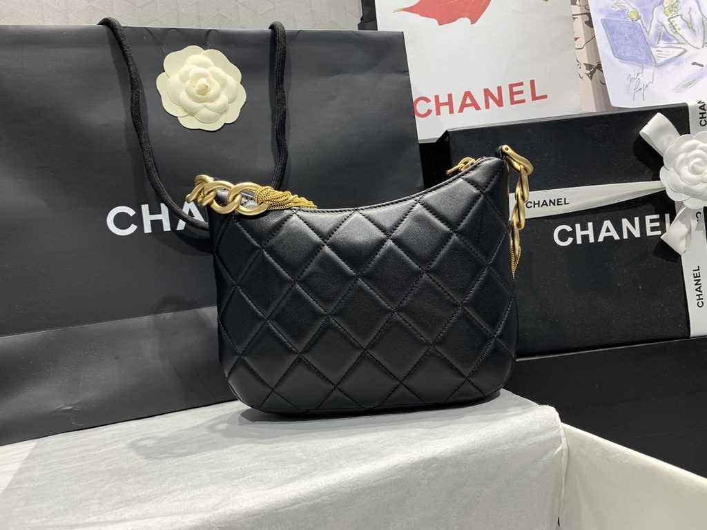 Chanel Hobo handbag Lambskin gold-tone metal black AS4220