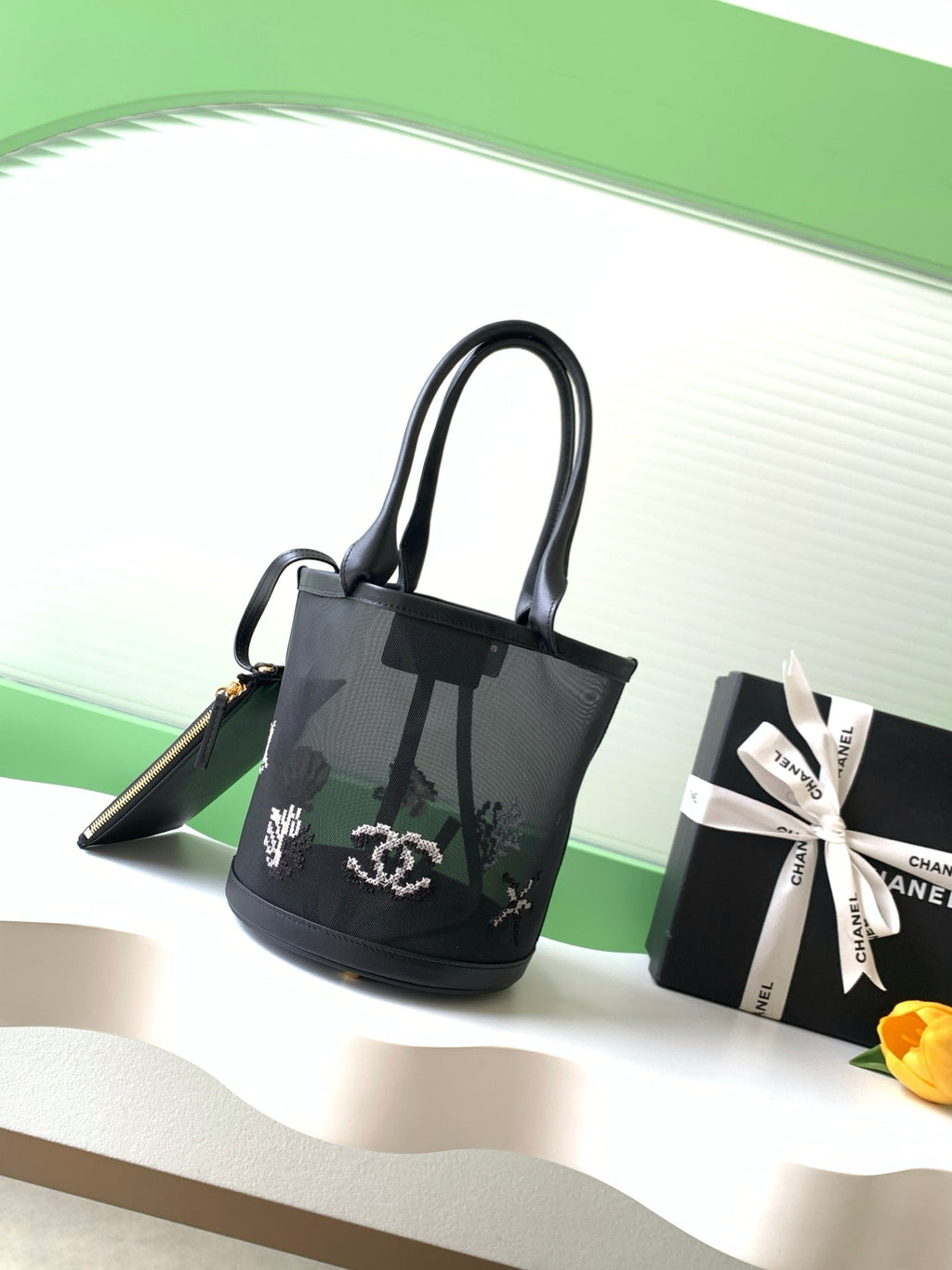Chanel AS6189 Black Mesh Calfskin Large Bucket Bag.