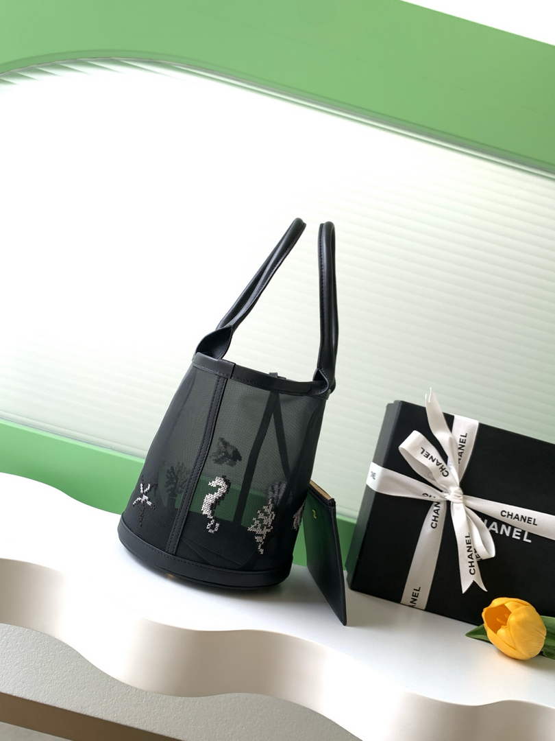 Chanel AS6189 Black Mesh Calfskin Large Bucket Bag.