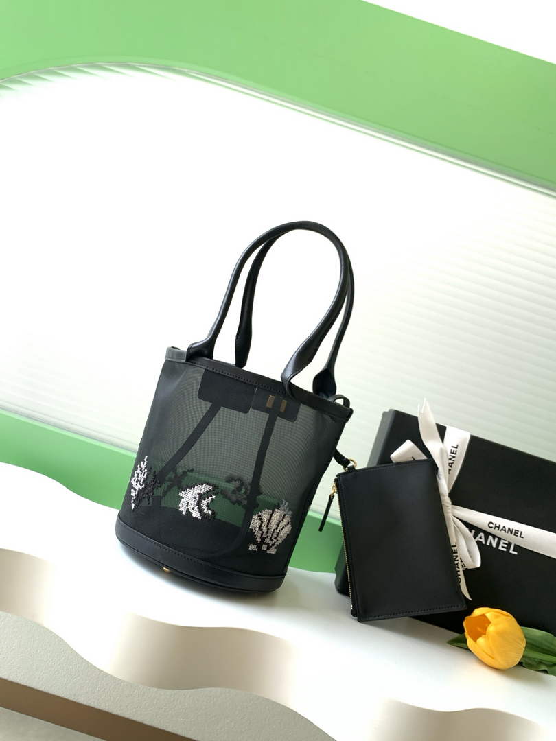 Chanel AS6189 Black Mesh Calfskin Large Bucket Bag.