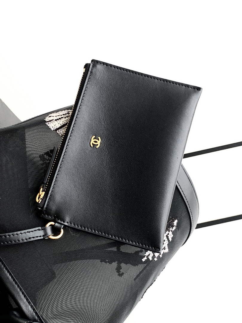 Chanel AS6189 Black Mesh Calfskin Large Bucket Bag.