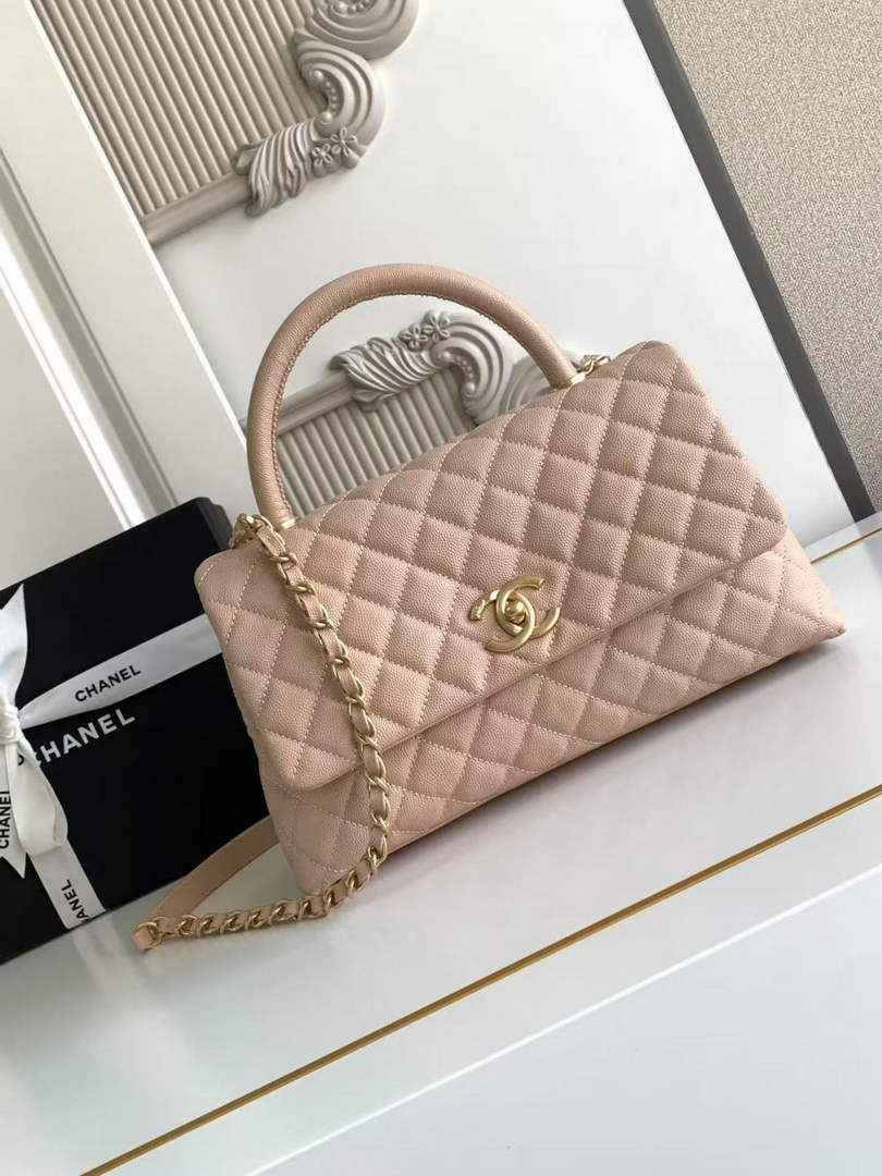 Chanel Large Flap bag with top handle A92991, Apricot calfskin