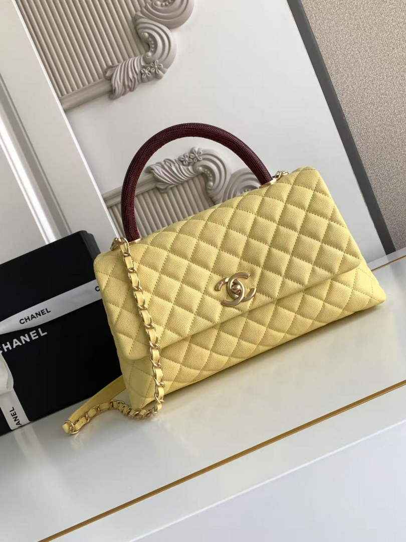 Chanel Large Flap bag with top handle A92991, Yellow Red calfskin