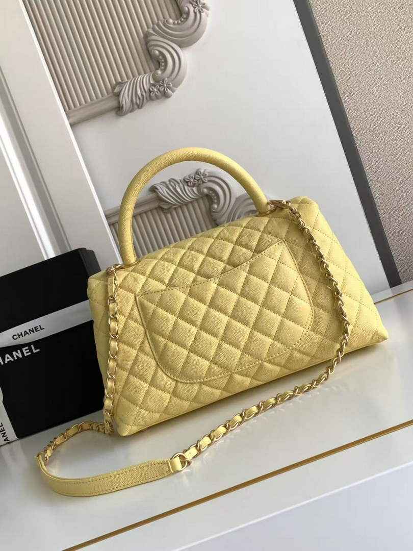 Chanel Large Flap bag with top handle A92991, Yellow calfskin