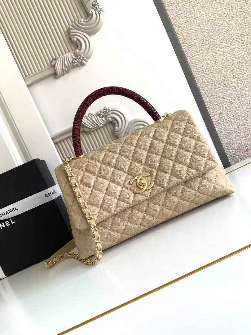 Chanel Large Flap bag with top handle A92991, Apricot Red calfskin