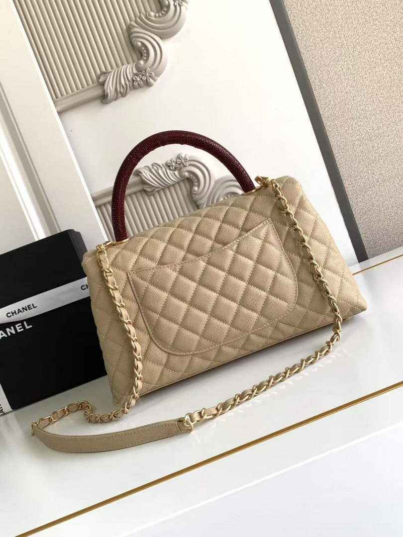 Chanel Large Flap bag with top handle A92991, Apricot Red calfskin
