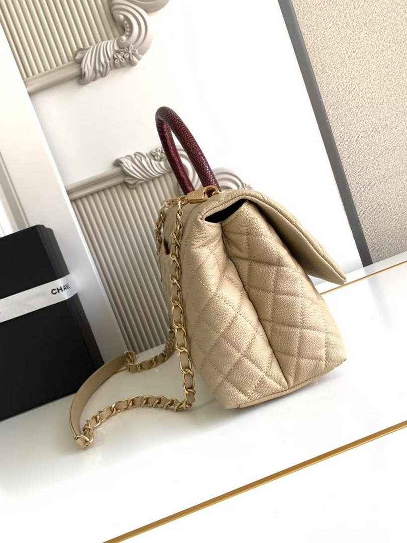 Chanel Large Flap bag with top handle A92991, Apricot Red calfskin