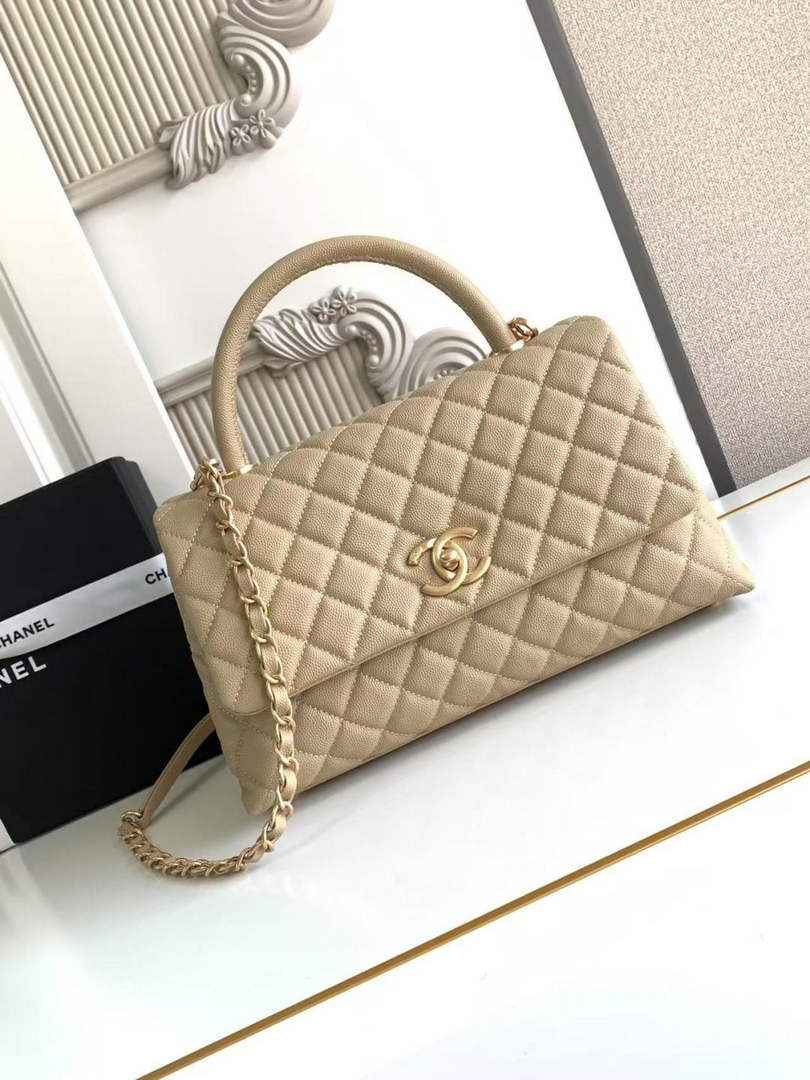 Chanel Large Flap bag with top handle A92991, Apricot calfskin