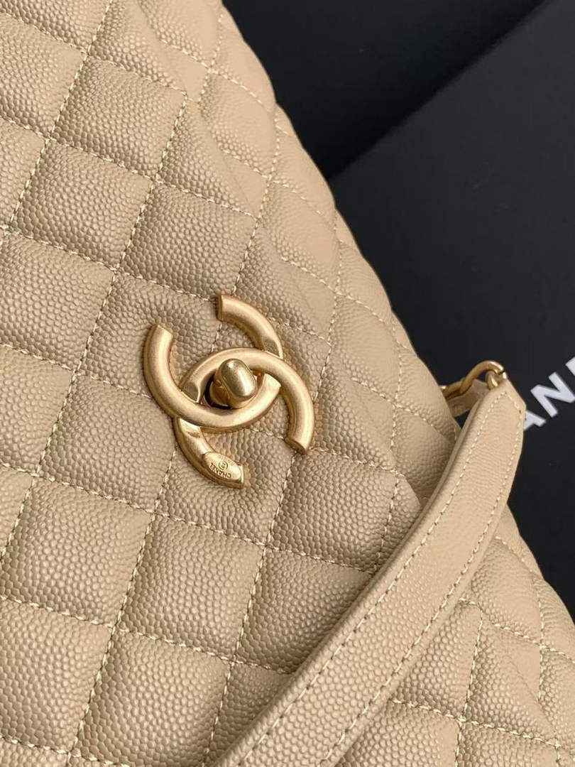 Chanel Large Flap bag with top handle A92991, Apricot calfskin