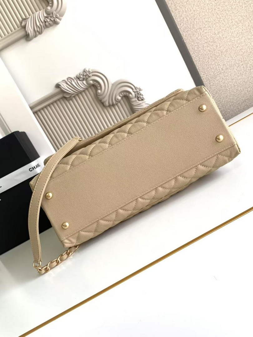 Chanel Large Flap bag with top handle A92991, Apricot calfskin
