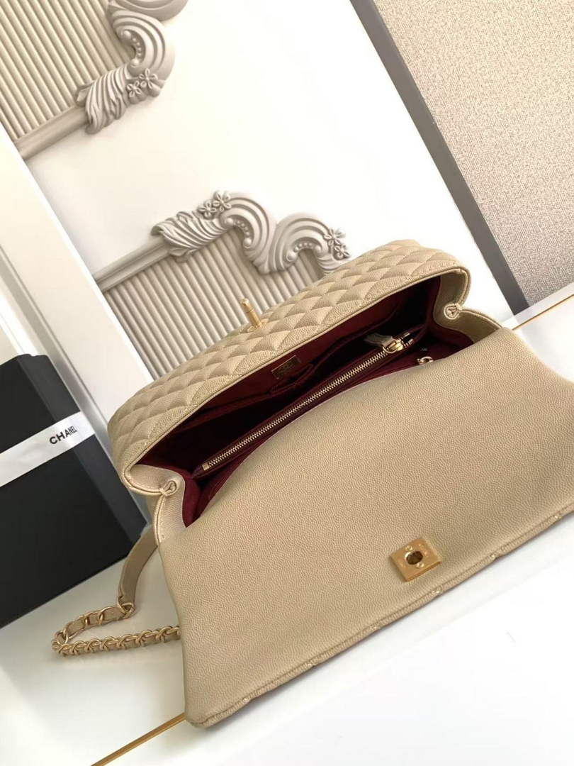 Chanel Large Flap bag with top handle A92991, Apricot calfskin