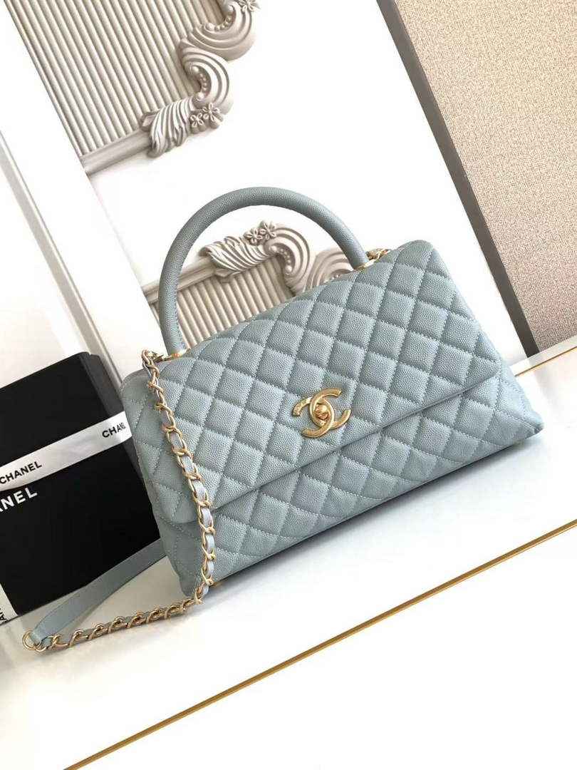 Chanel Large Flap bag with top handle A92991, Blue calfskin