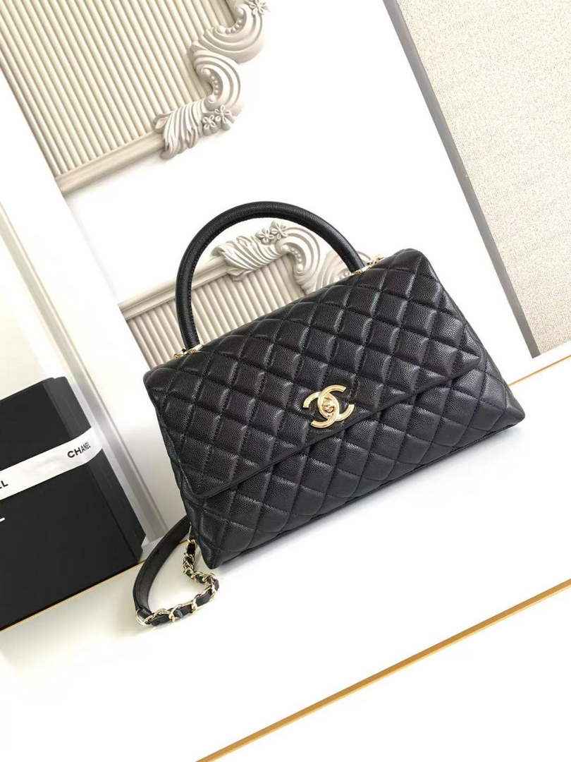 Chanel Large Flap bag with top handle A92991, Black calfskin gold