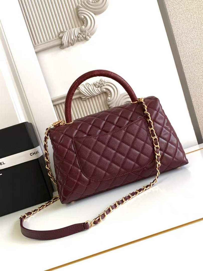 Chanel Large Flap bag with top handle A92991, Wine Red calfskin gold
