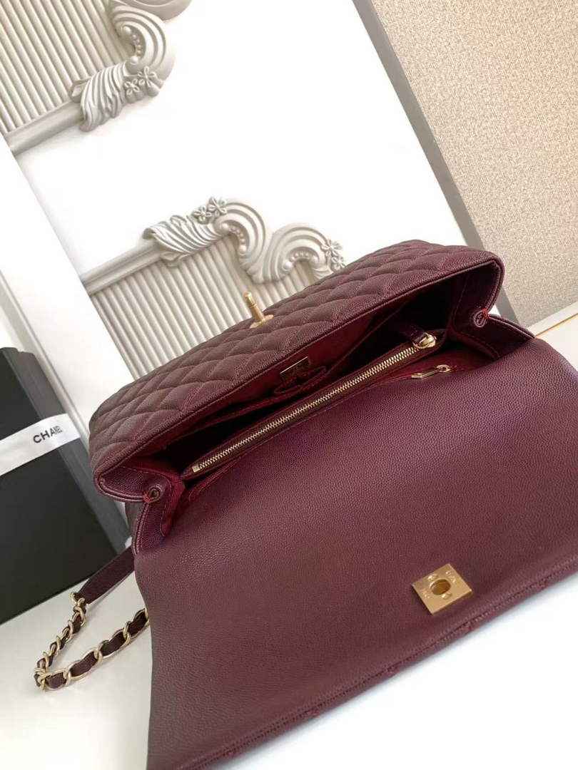 Chanel Large Flap bag with top handle A92991, Wine Red calfskin gold